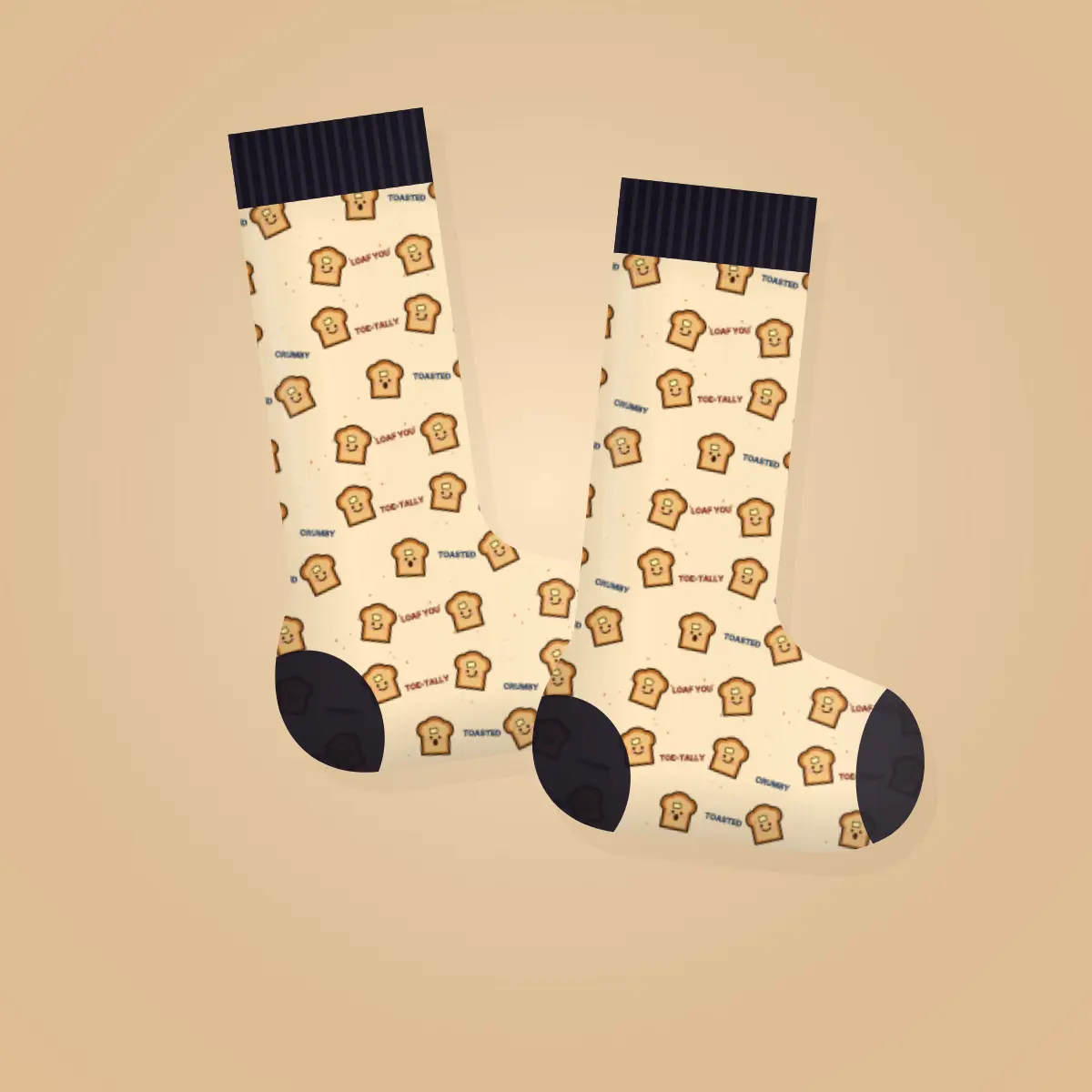 Toe-tally Toasted socks — punny all-over print